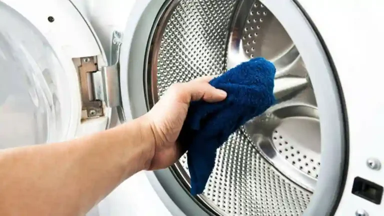 Persona limpiando el interior del tambor de una lavadora